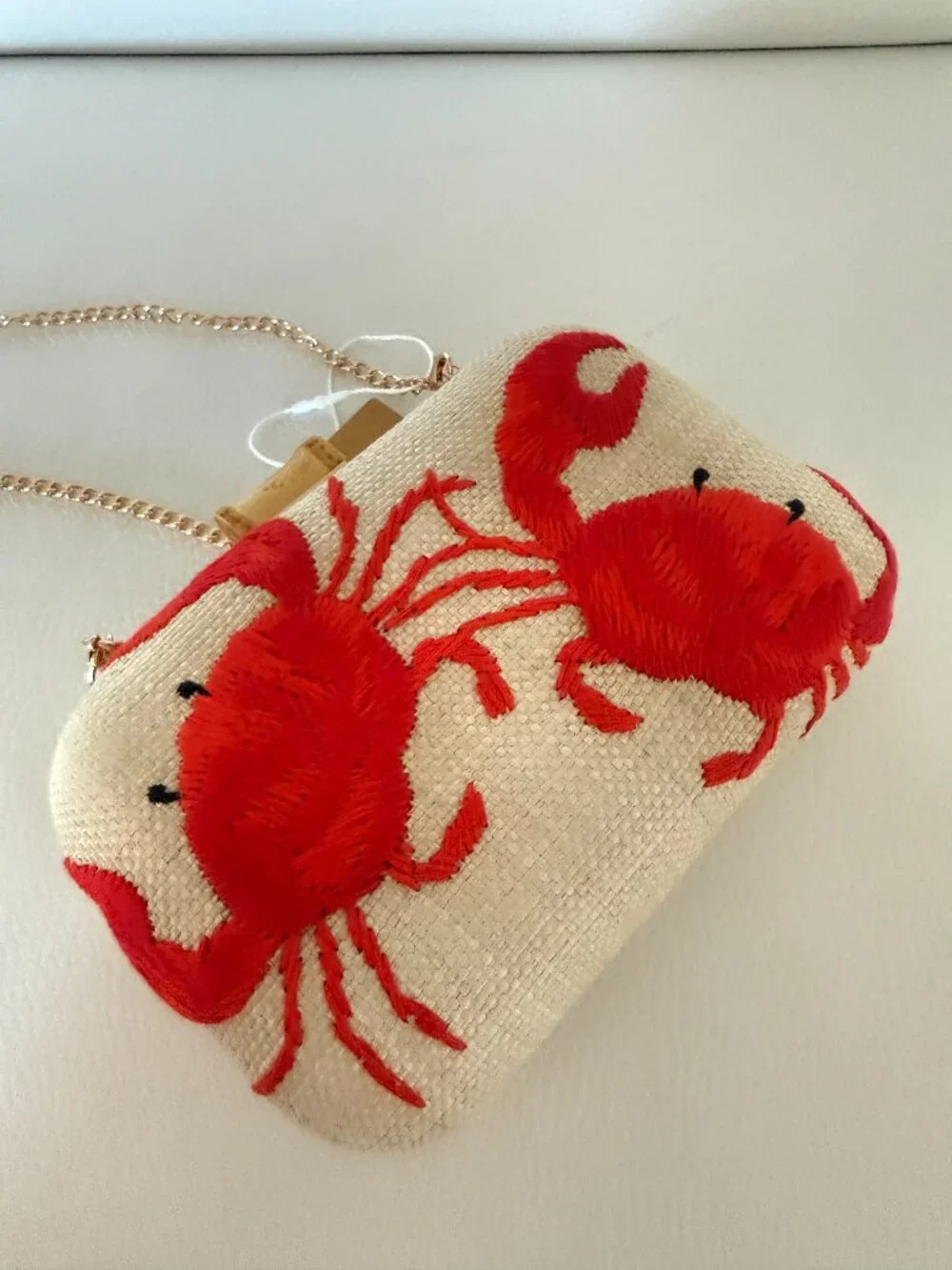 NWT TOMMY BAHAMA CRAB EMBROIDERED STRAW BOX CLUTCH BAG W GOLD TONE CHAIN STRAP